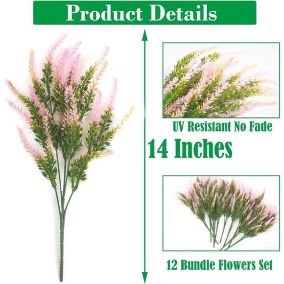 12 Bundles Outdoor Artificial Lavender Flowers (Pink) - Picture 6 of 7